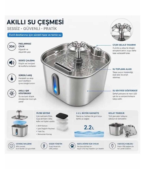 Majo MJ-700 Paslanmaz Çelik Arıtmalı Kedi Su Pınarı Ultra Sessiz 2.2lt