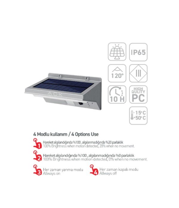 ACK AG60-07851 IP65 Hareket Sensörlü Solar Led Bahçe Duvar Apliği