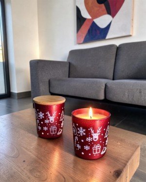 Bambu Kapaklı Kokulu Kırmızı Bardak Mum