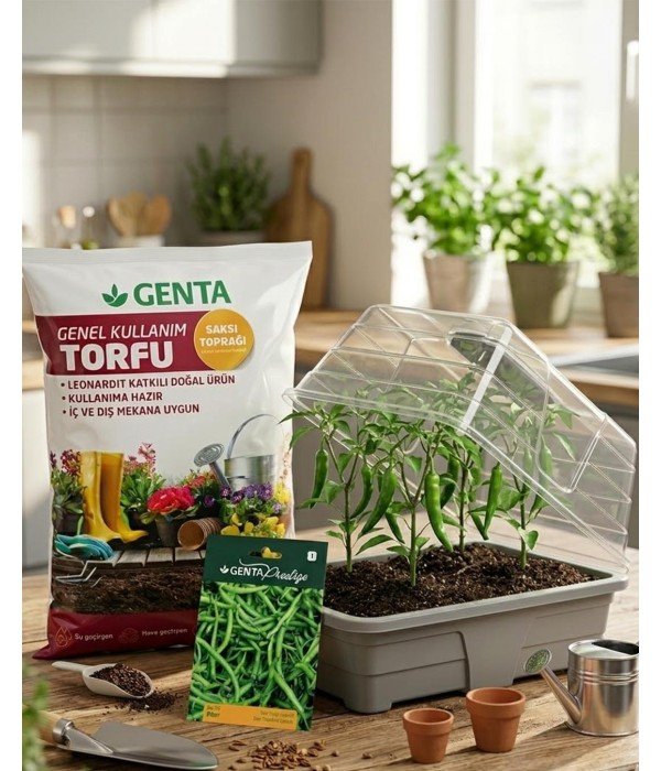 Evde Bitki Yetiştirme –  Acı Kıl Biber Hobi Seti (Tohum + Torf + Fanus)